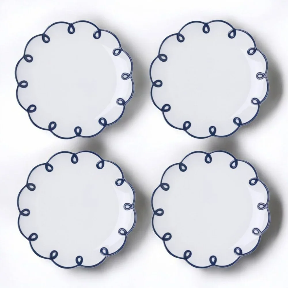 Anthropologie Scalloped Dessert Plates Set of 4 Navy Loop Edge Stoneware NWT